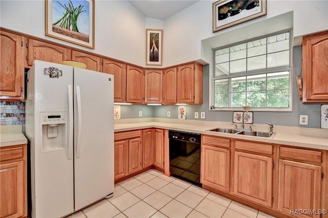 7802 N Fairwind Loop, Hernando, FL 34442 - kitchen with white refrigerator with ice dispenser, dishwasher, light countertops, light tile patterned floors, and brown cabinetry