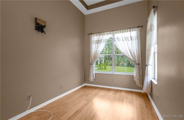 spare room featuring light hardwood / wood-style flooring and lofted ceiling