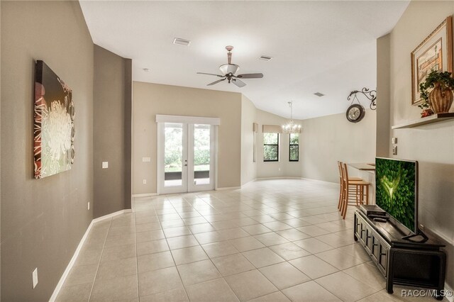 1052 W Diamond Shore Loop, Hernando, FL 34442 - living area featuring ceiling fan, a chandelier, light tile patterned floors, french doors, and lofted ceiling