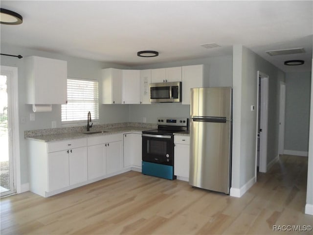 kitchen with light wood-style flooring, a sink, visible vents, white cabinets, and appliances with stainless steel finishes