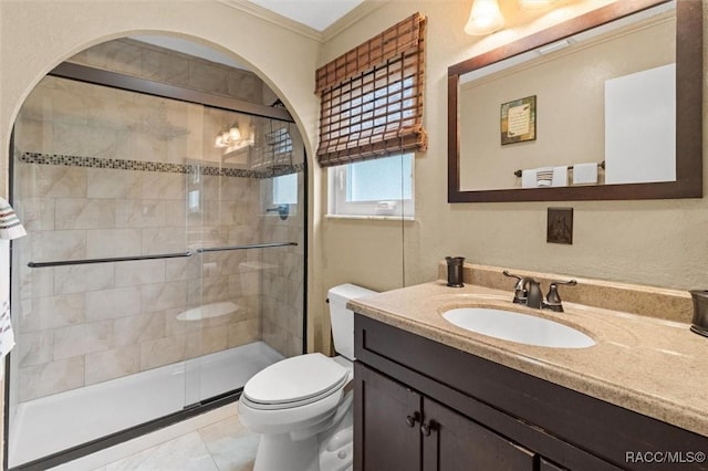 5500 S Cedar Mill Path, Homosassa, FL 34448 - bathroom with vanity, ornamental molding, a stall shower, and tile patterned floors