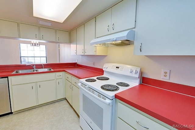 kitchen featuring white cabinetry, sink, stainless steel dishwasher, and white electric range oven