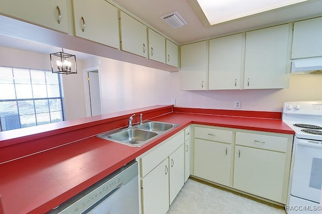 kitchen with ventilation hood, dishwasher, sink, white cabinets, and white range with electric cooktop