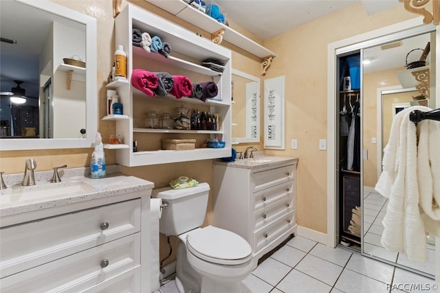 bathroom featuring tile patterned flooring, vanity, toilet, and ceiling fan