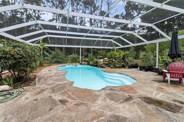 view of pool with a lanai and a patio area