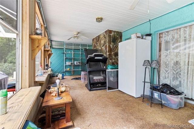 interior space with carpet and ceiling fan