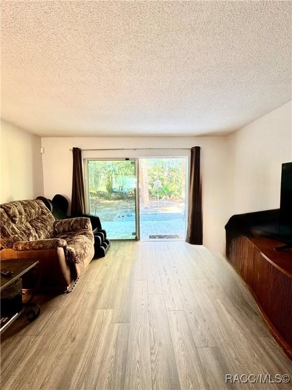 living room featuring a textured ceiling and wood finished floors