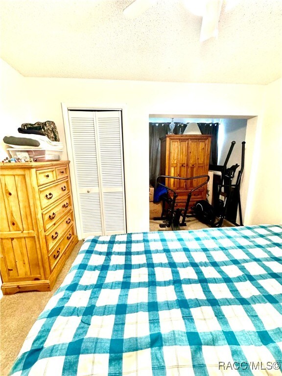 carpeted bedroom with a textured ceiling and a closet