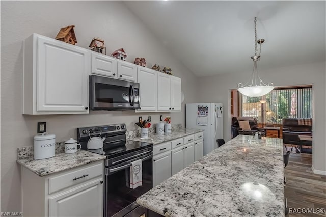 kitchen with black range with electric stovetop, white cabinetry, dark hardwood / wood-style floors, and lofted ceiling