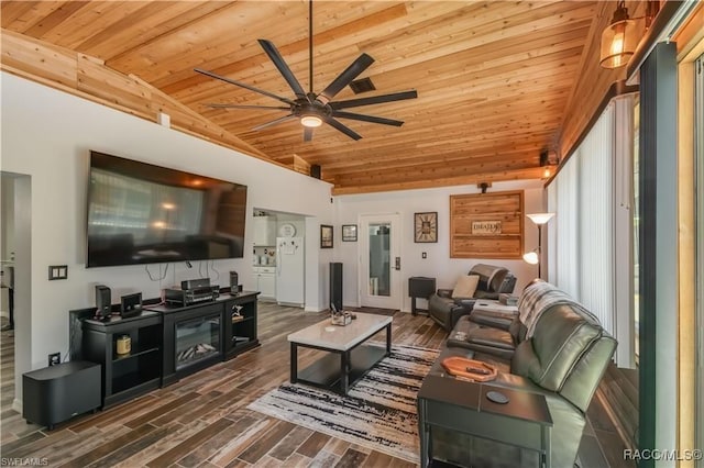 living room featuring dark hardwood / wood-style floors, vaulted ceiling, ceiling fan, and wooden ceiling