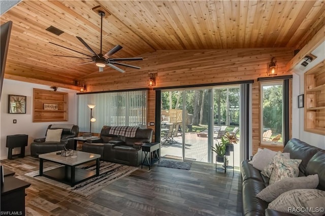 living room with ceiling fan, wood ceiling, and dark hardwood / wood-style floors