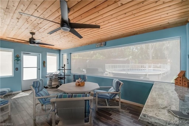 interior space with ceiling fan and wooden ceiling