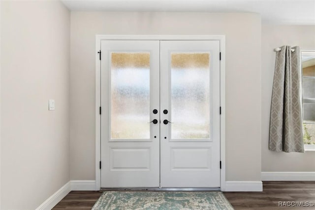 entryway featuring dark hardwood / wood-style floors, a wealth of natural light, and french doors