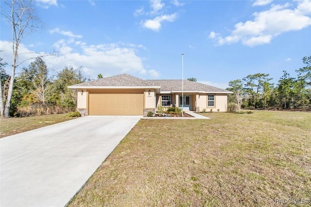 ranch-style home featuring a garage and a front lawn