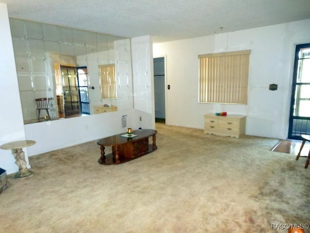 living room featuring carpet and a textured ceiling