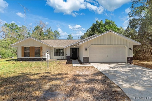 ranch-style home featuring board and batten siding, concrete driveway, a garage, and a shingled roof