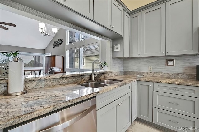 2891 N Rivers Edge Blvd Unit 100, Crystal River, FL 34429 - kitchen with stainless steel dishwasher, a sink, gray cabinets, vaulted ceiling, and light stone countertops