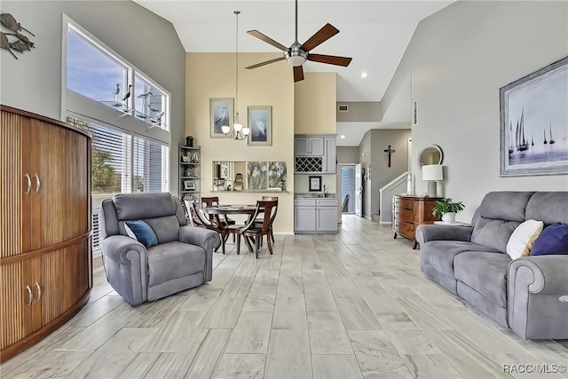2891 N Rivers Edge Blvd Unit 100, Crystal River, FL 34429 - living area with a ceiling fan and high vaulted ceiling
