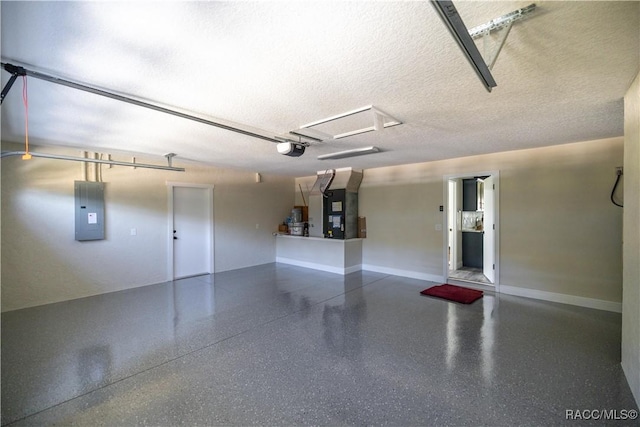 garage with electric panel, heating unit, and a garage door opener