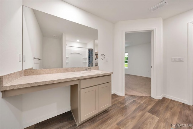 1435 W Adele Ct, Citrus Springs, FL 34434 - bathroom with vanity, wood finished floors, baseboards, and a shower with curtain