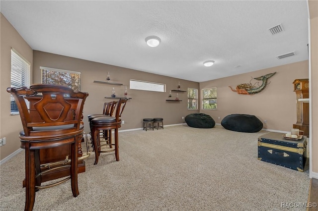 living area featuring baseboards, carpet floors, a textured ceiling, and visible vents