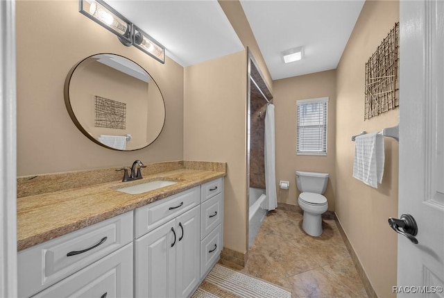 full bath with vanity, baseboards, tile patterned flooring, toilet, and shower / tub combo with curtain