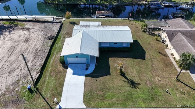 aerial view featuring a water view