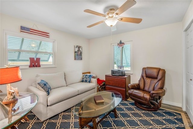 living room with ceiling fan and wood-type flooring