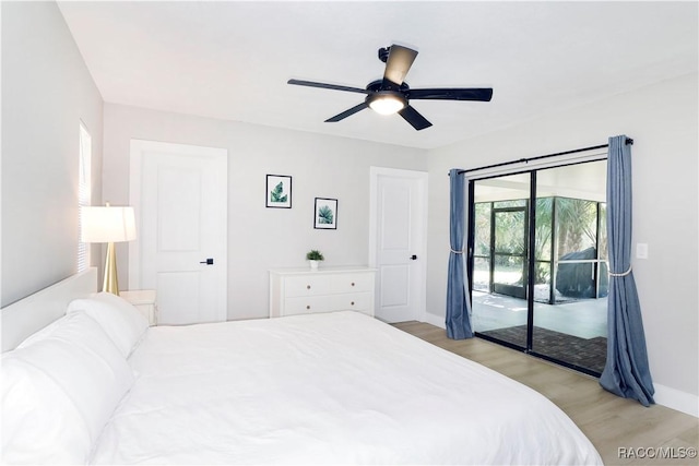 bedroom with access to exterior, light wood-type flooring, ceiling fan, and baseboards