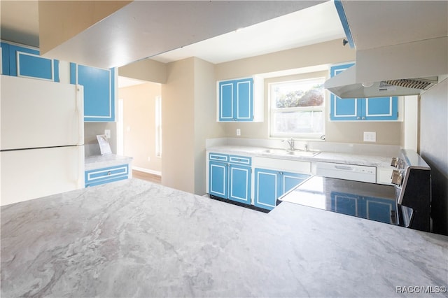 kitchen with blue cabinetry, island range hood, white appliances, and sink