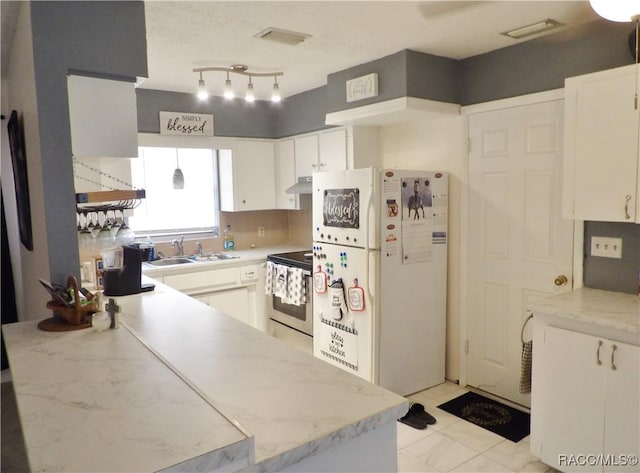 127 N Braemar Dr, Inverness, FL 34450 - kitchen with freestanding refrigerator, stainless steel range with electric stovetop, white cabinetry, under cabinet range hood, and a sink