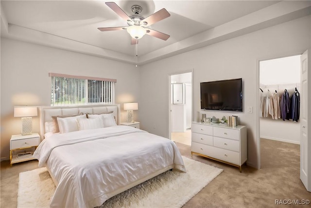 bedroom featuring a spacious closet, a closet, ceiling fan, light colored carpet, and a tray ceiling