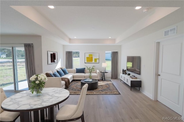 7235 N Glenridge Cir, Citrus Springs, FL 34433 - living room featuring a tray ceiling, healthy amount of natural light, light wood-type flooring, and recessed lighting