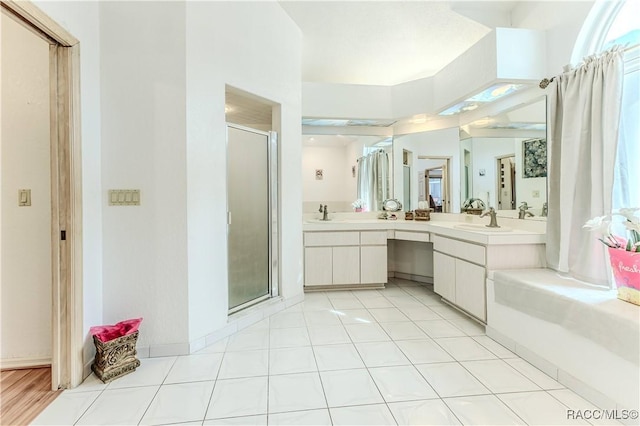 bathroom featuring vanity, tile patterned flooring, and a shower with door