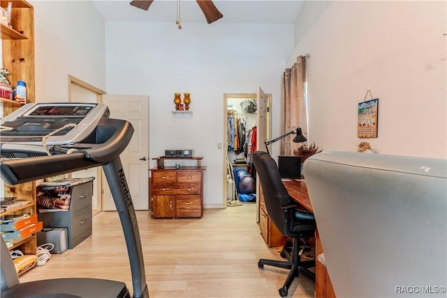 office area featuring ceiling fan and light wood-type flooring