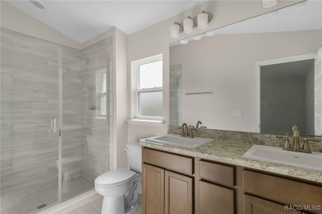 bathroom with vanity, a shower with shower door, and toilet