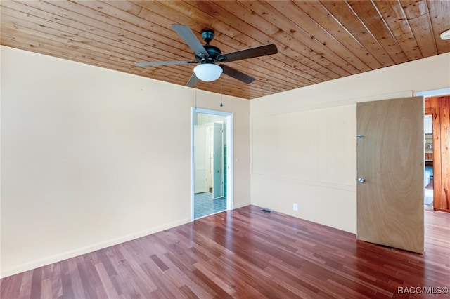 empty room with ceiling fan, wood ceiling, and hardwood / wood-style flooring