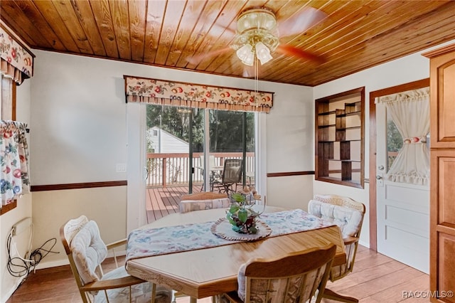 dining room with light hardwood / wood-style flooring, ceiling fan, and wooden ceiling