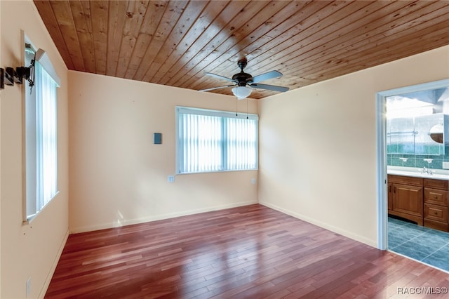 unfurnished room with ceiling fan, sink, wood ceiling, and hardwood / wood-style flooring