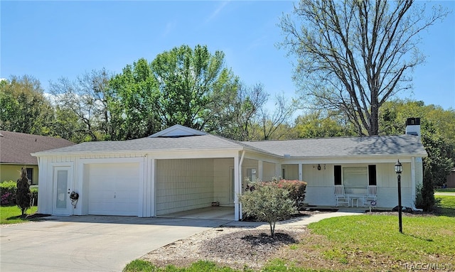 single story home with covered porch, a front yard, and a garage