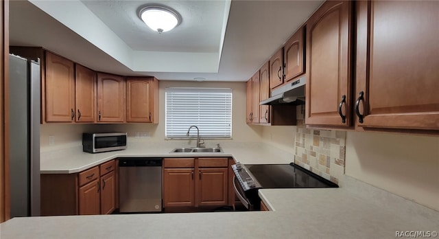 kitchen with a tray ceiling, sink, appliances with stainless steel finishes, and tasteful backsplash