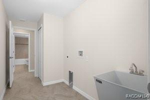 laundry area with light colored carpet, sink, and hookup for a washing machine