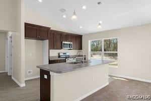 kitchen with dark brown cabinetry, sink, and an island with sink