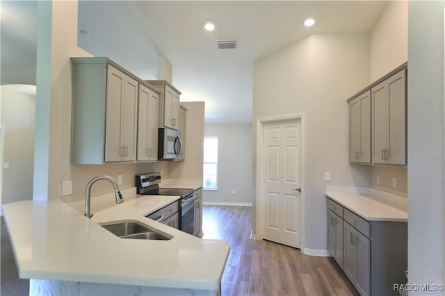 11609 SW 59th Ter, Ocala, FL 34476 - kitchen featuring appliances with stainless steel finishes, a sink, gray cabinetry, a peninsula, and wood finished floors