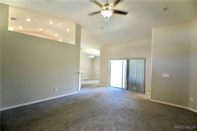 11609 SW 59th Ter, Ocala, FL 34476 - carpeted empty room featuring a ceiling fan, lofted ceiling, a chandelier, and baseboards