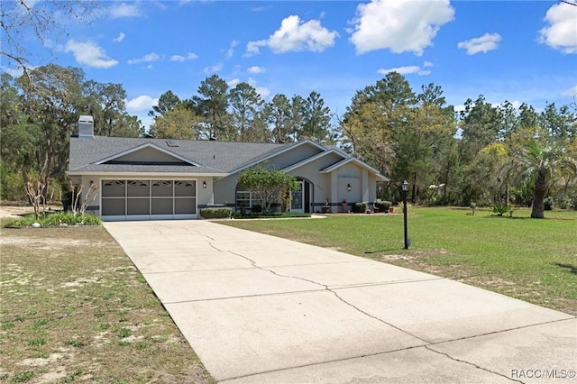 ranch-style home with a front yard, driveway, an attached garage, stucco siding, and a shingled roof