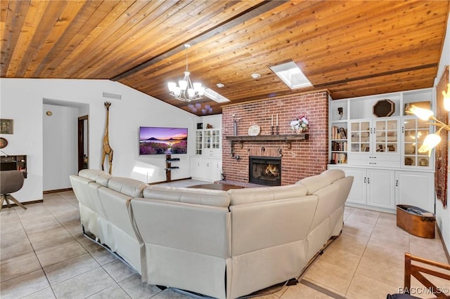 living room featuring lofted ceiling with skylight, light tile patterned floors, a fireplace, and wood ceiling