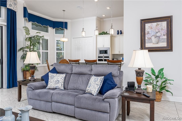 tiled living room with crown molding