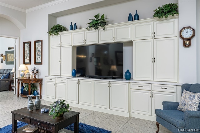 living room with crown molding