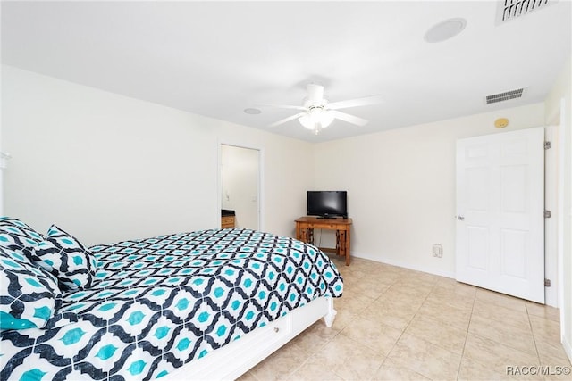 bedroom featuring ceiling fan and light tile patterned floors